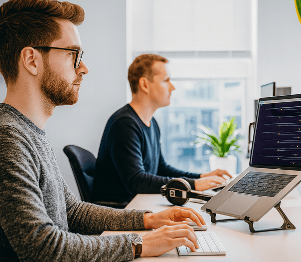 SDSI IT professionals working at computer workstations in a modern office