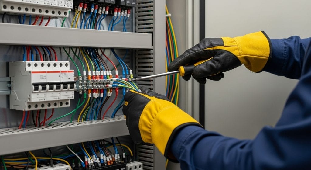 Engineer working on electrical power distribution wiring