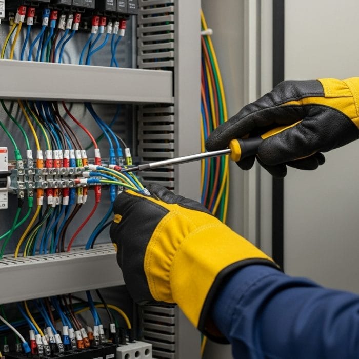 Engineer working on electrical power distribution wiring